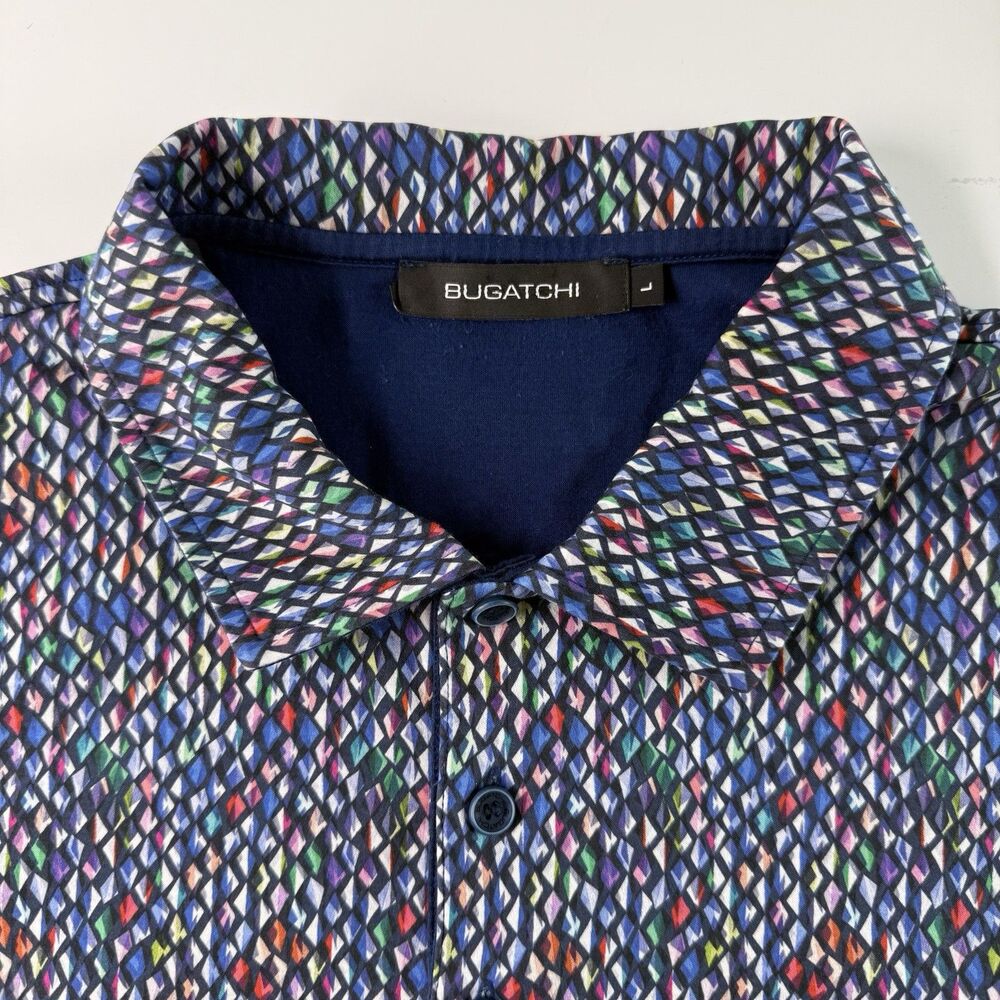 BUGATCHI Short Sleeve Polo Shirt Men's Large Blue Multicolor Diamonds Mercerized